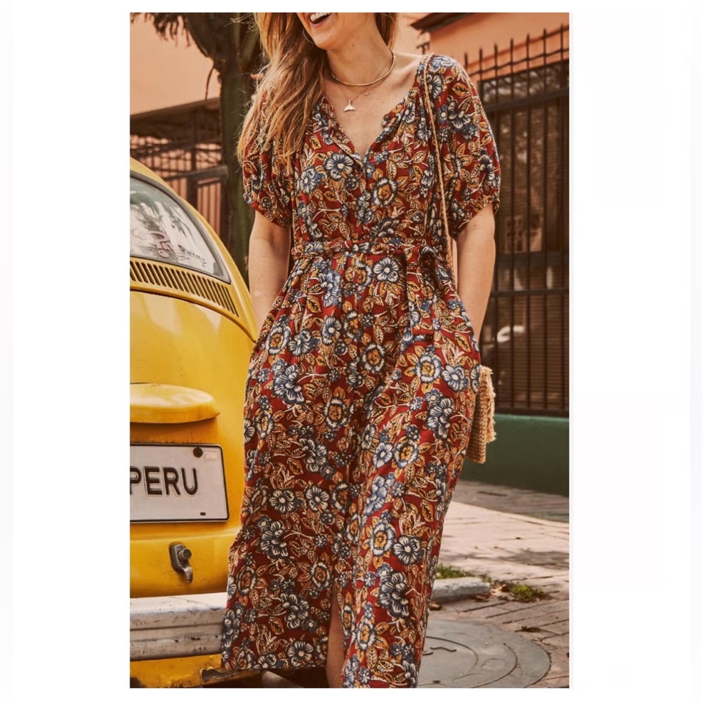 Faherty Carmel Linen Floral Midi Dress S